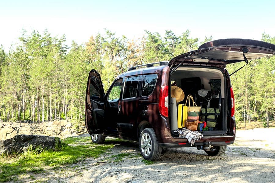 Van parked near a wooded area with door and back open