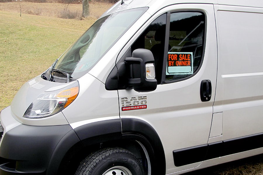 Ram Promaster with a for sale sign in window