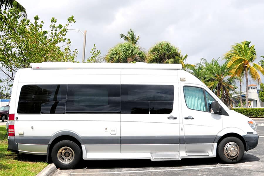 A white camper van parked in a parking lot