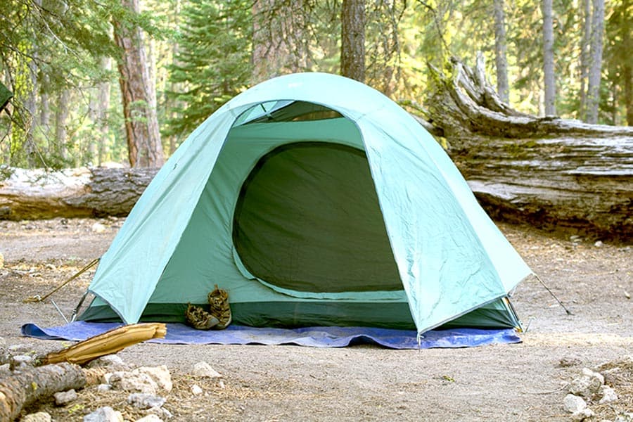 Green tent with a blue tarp under it with trees in background