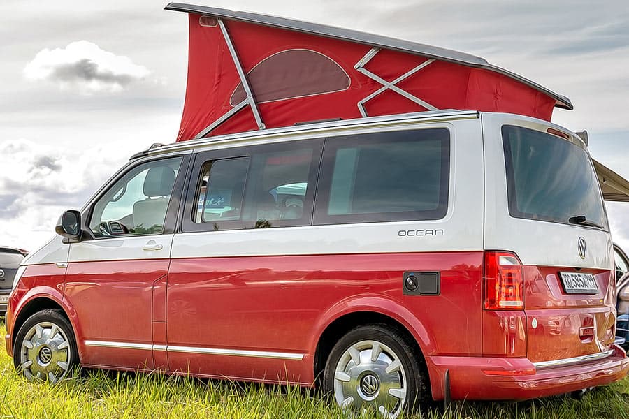 Red and white California VW camper