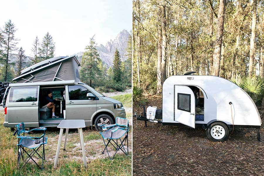 A camper van in a forest setting on the left and a teardrop trailer on the right in a woody area