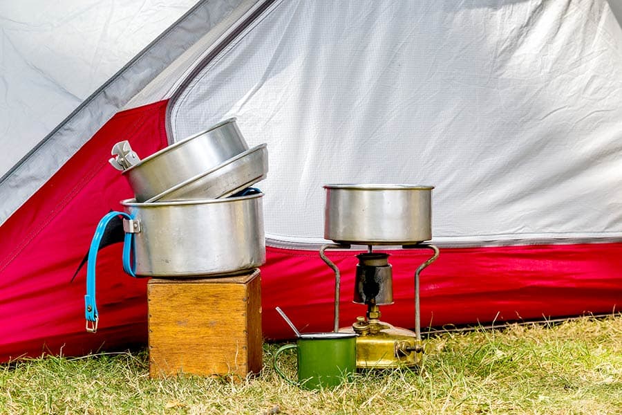 Cooking pot and stove outside tent