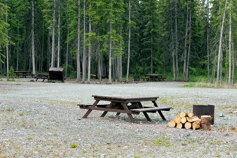 Picnic table with wood and a fire ring beside it