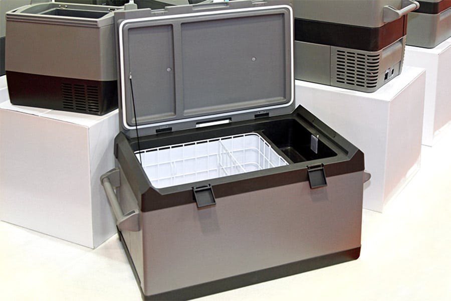 Brown portable refrigerator with lid open