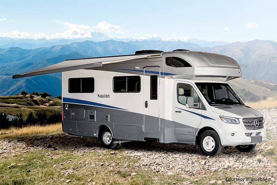 Winnebago Navion motorhome in the mountains