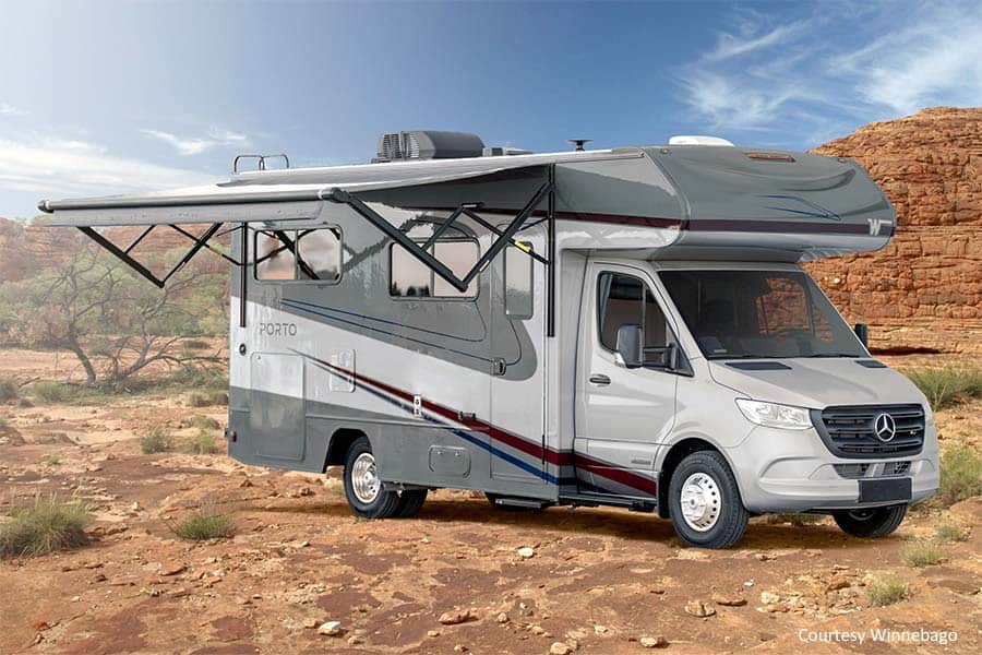 Winnebago Porto parked in desert