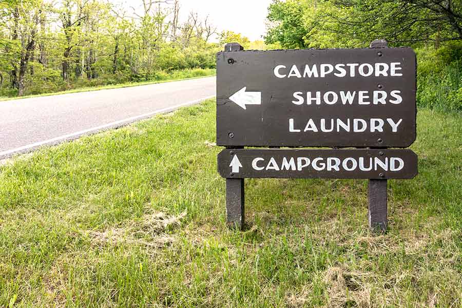 Wooden sign with directions to camp store and campground