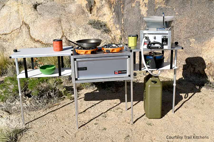 Portable trail kitchen setup and ready to cook