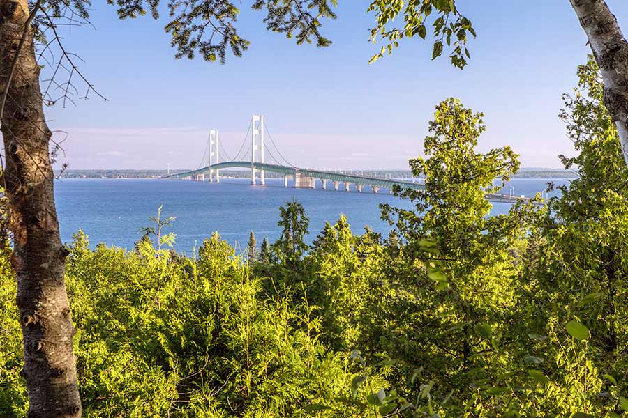 Mackinac Bridge crossing the Straits of Mackinac viewed through trees