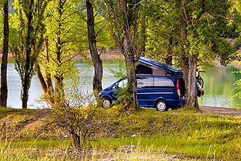 Blue camper van in woods