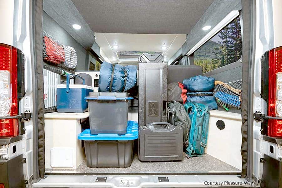 Gear in the back of a camper van