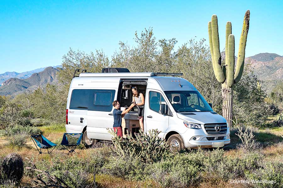 Camper van parked in a desert location
