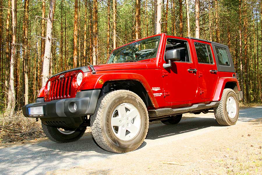 Red Jeep on dirt road in woods