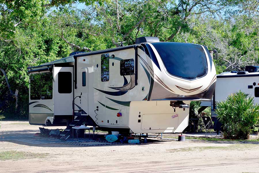 Fifth wheel camper parked at campground