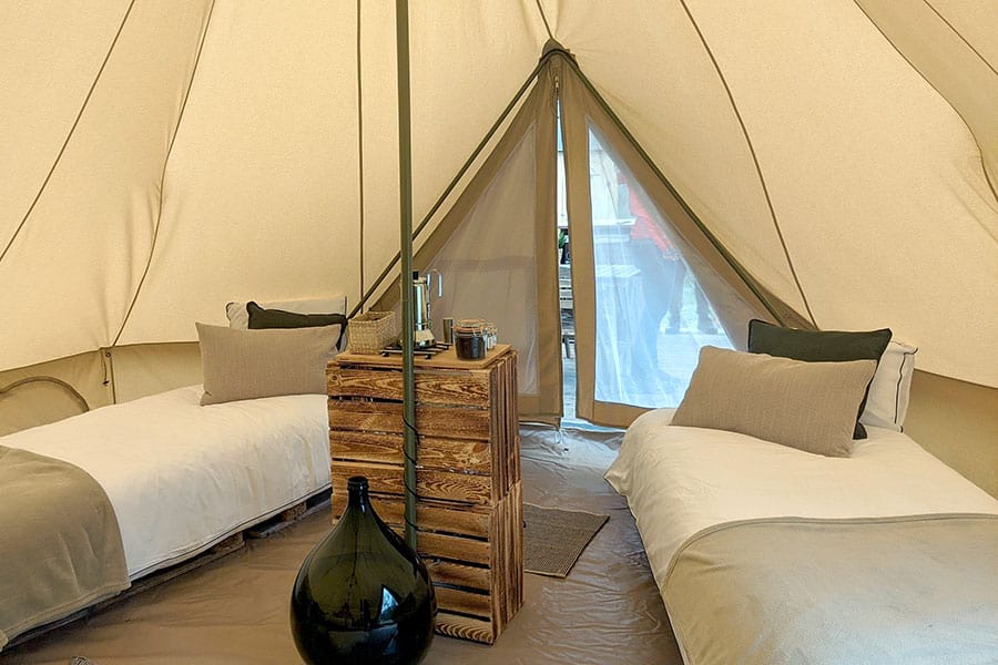 Inside of a wilderness glamping tent