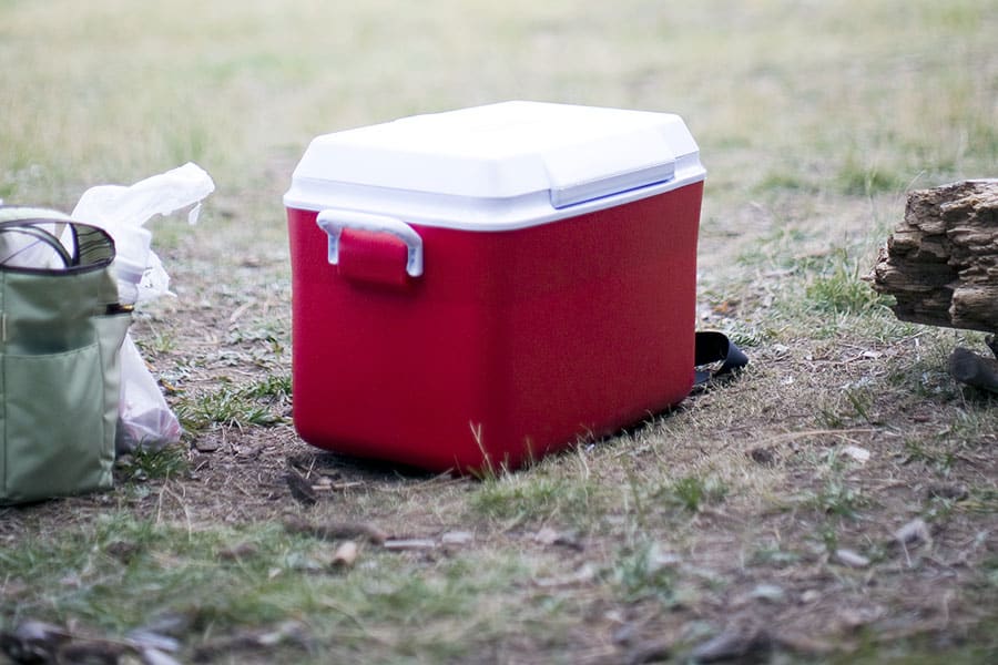 red cooler and camping gear on ground in meadow