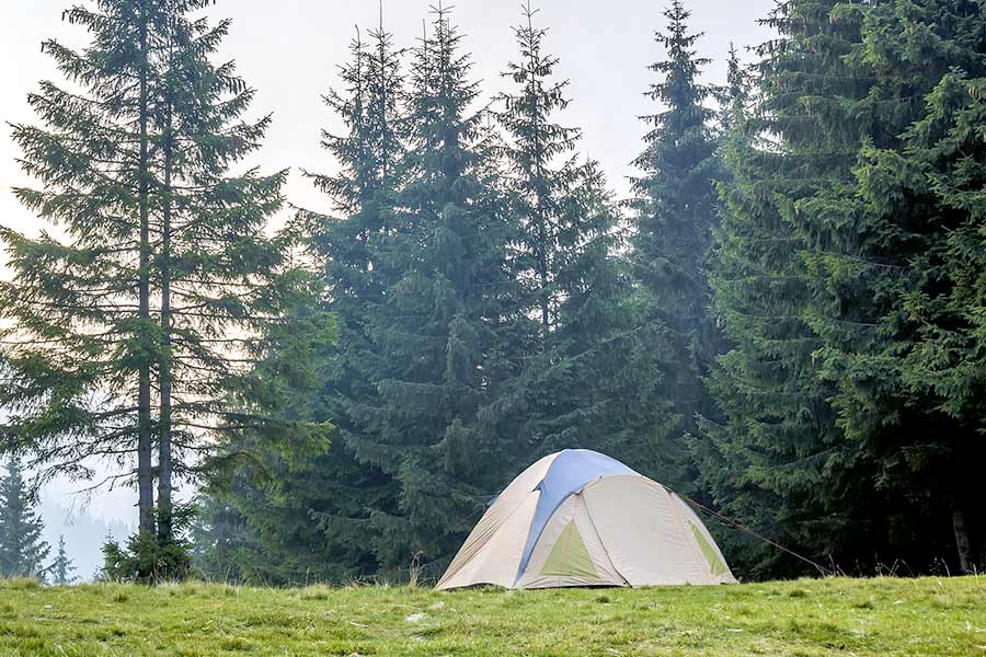 White and blue tent pitched in a mountain meadow