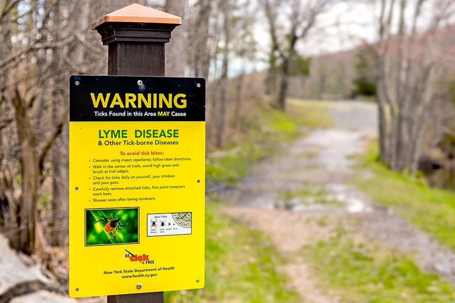 Lyme disease and tick warning sign at trailhead