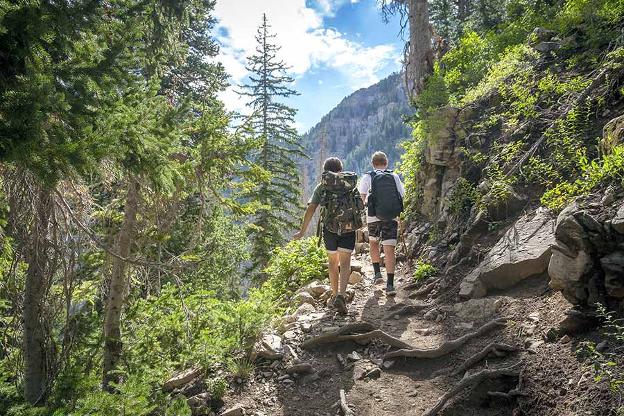 Two boys hiking on rugged mountain trail