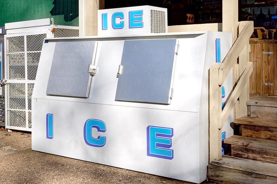 Freezer full of bagged ice at campground store