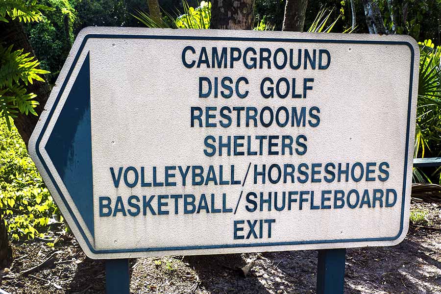 Campground sign listing the activities available