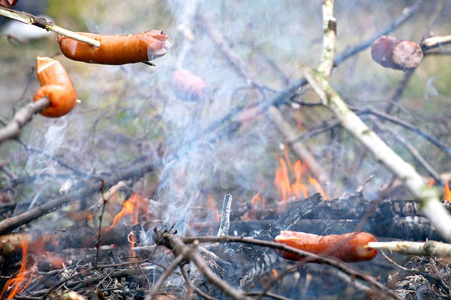 Group of campers cooking hotdogs over campfire