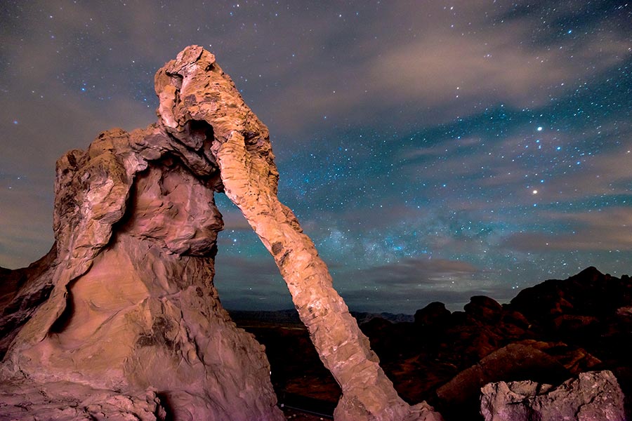 Elephant Rock at night, a natural rock formation in the Valley of Fire, Nevada