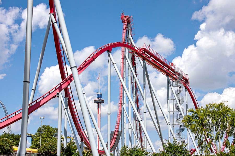 Riding the roller coaster at a theme park