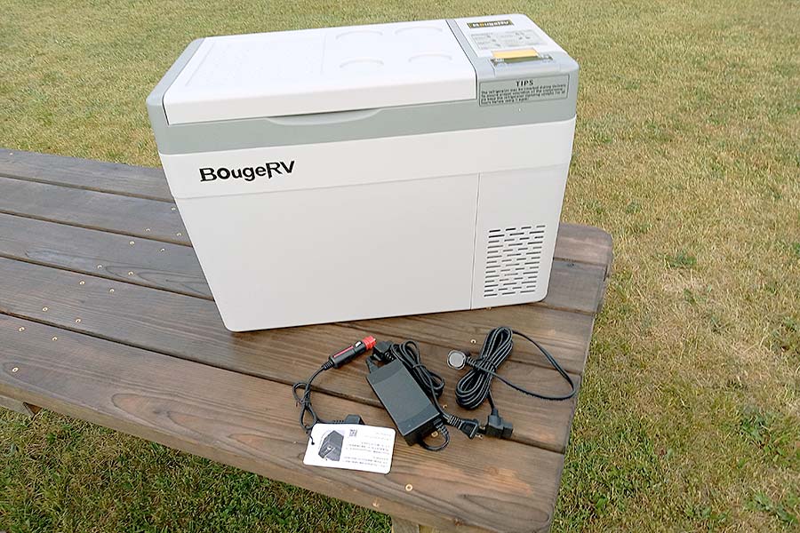 BougeRV portable fridge/freezer sitting on picnic table